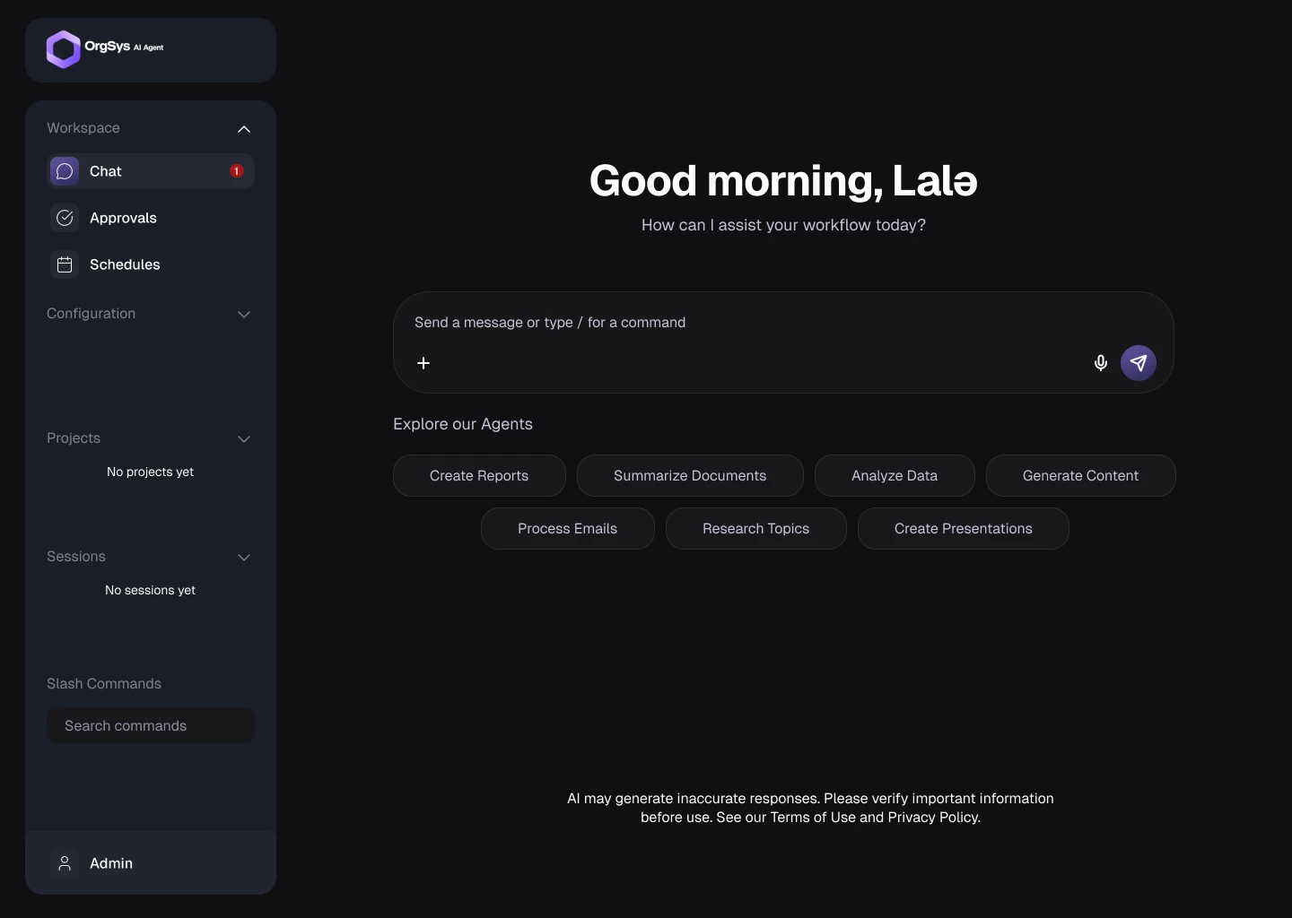 OrgSys AI chat screen with the prompt bar and suggested agents