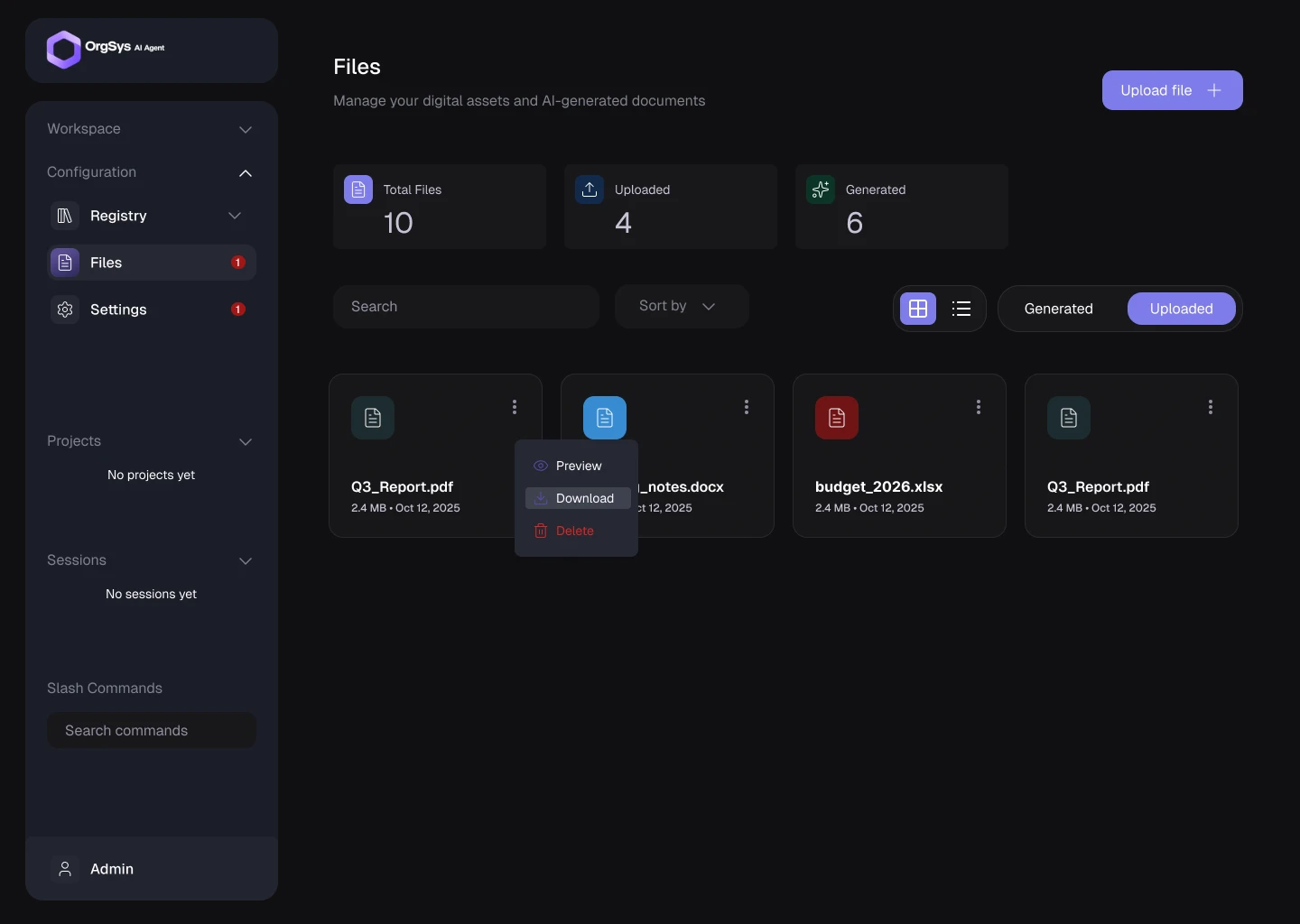 Files screen with the list of connected tools