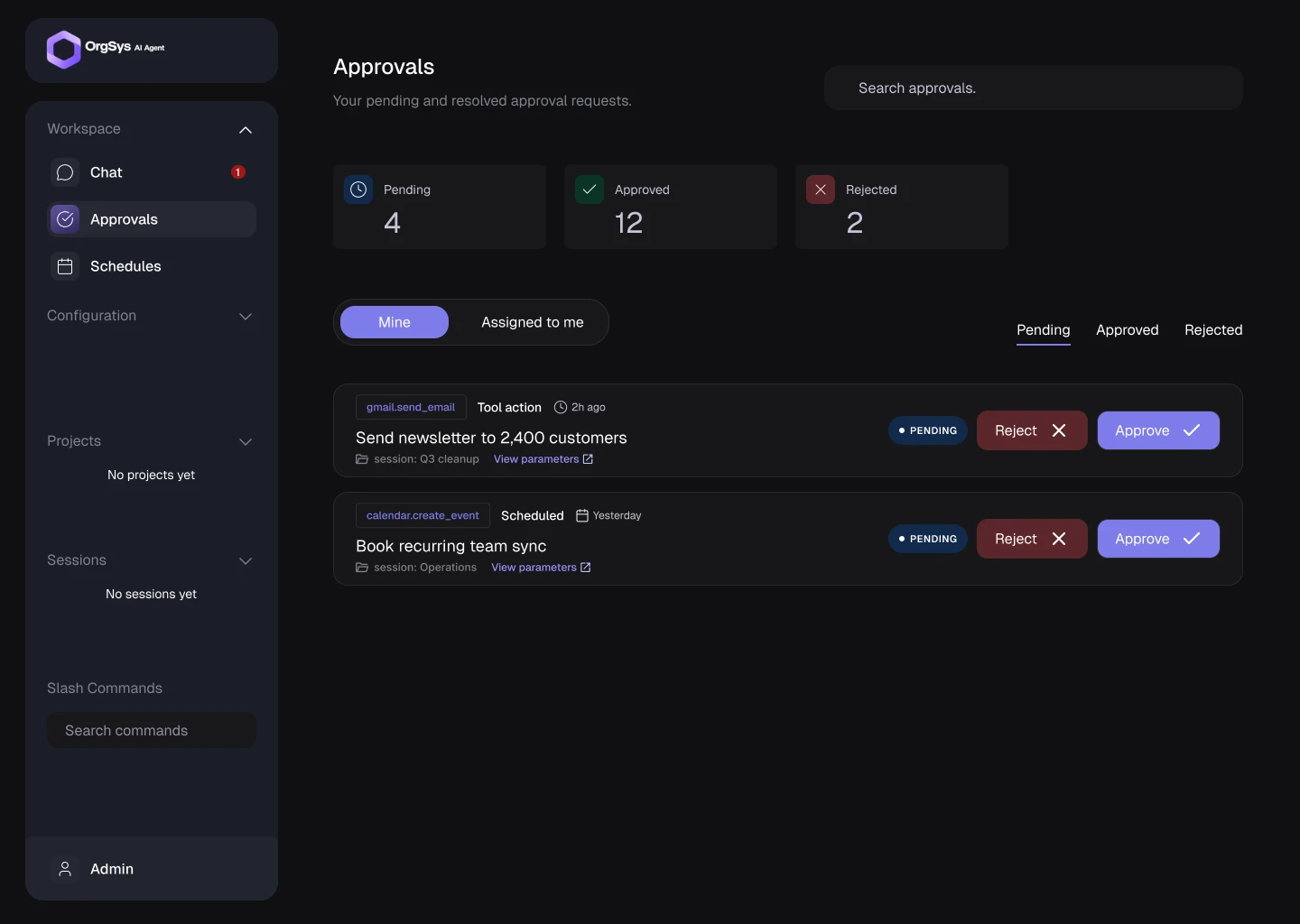 Approvals screen with pending requests and approve or reject actions