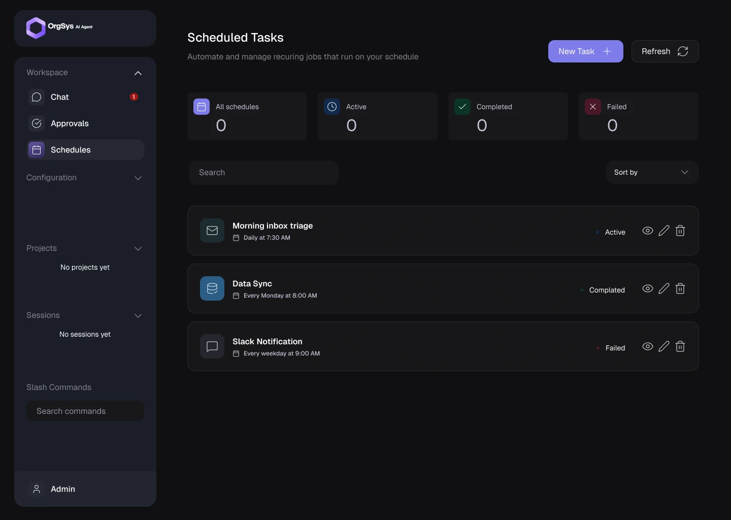 Scheduled tasks screen showing each job and its status